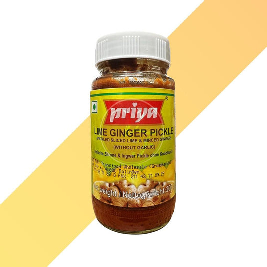 Indischer Zitrone & Ingwer Pickle ohne Knoblauch - Lime Ginger Pickle - Priya - 300 g | Soßen & Pasten | Village Foods